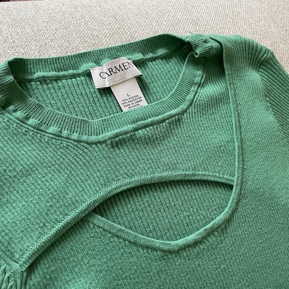 Carmen Marc Valvo Top Womens Large Teal Green Ribbed Stretch Cut Out Keyhole - Picture 6 of 6